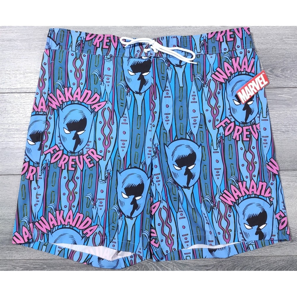 Marvel Black Panther Wakanda Forever Swim Trunks Mens 2XL Blue Board Shorts NEW